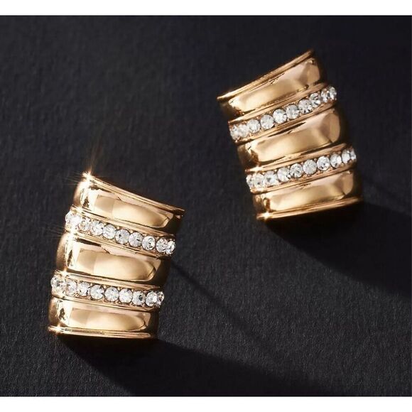 Anthropologie Restored Vintage Crystal Encrusted Curved Earrings 14K Gold Plate - Picture 1 of 8
